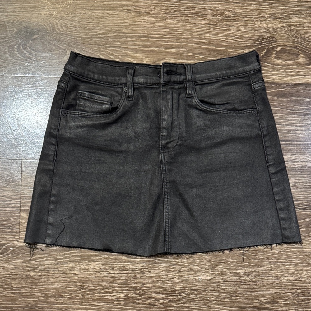 Blank NYC Black Denim Mini Skirt with Raw Hem
